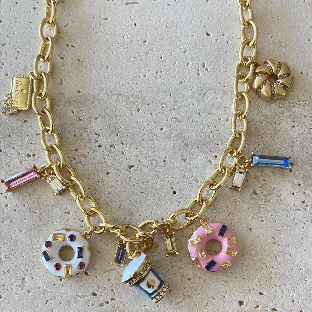 Kate Spade Coffee Donut Charm Necklace Gold Tone Chunky Chain Novelty Necklace